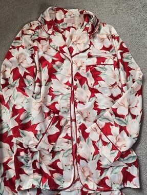 Cabernet by Sleep Sense Red White Floral Satin Long Pajamas Set S